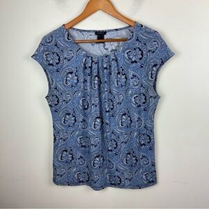 Ann Taylor Factory Blue Paisley Wrinkle Free Cap Sleeve Blouse Work Office Large